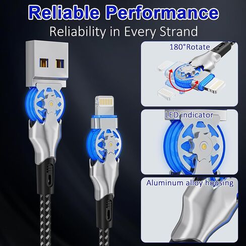 90 Degree Lightning Cable with 180°Rotating Connector, 6.6FT Swivel Right Angle iPhone Charger Cord, MFi 180° Rotating Lightning Cable for iPhone 14/13/12/11/8/7/XS/XR/X, Nylon Braided & Fast Charging in Saudi Arabia