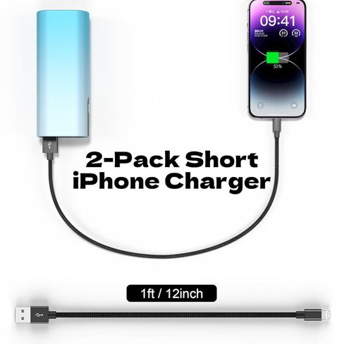 2-Pack Short iPhone Charger 1ft, MFi Certified Lightning Cable Nylon Braided & Fast Charging Cord for iPhone 14 13 12 11 XS XR X SE 8 Pro Max Plus Mini, iPad Pro/Air, AirPods (Black) in Saudi Arabia