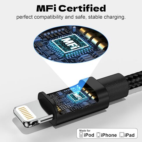2-Pack Short iPhone Charger 1ft, MFi Certified Lightning Cable Nylon Braided & Fast Charging Cord for iPhone 14 13 12 11 XS XR X SE 8 Pro Max Plus Mini, iPad Pro/Air, AirPods (Black) in Saudi Arabia