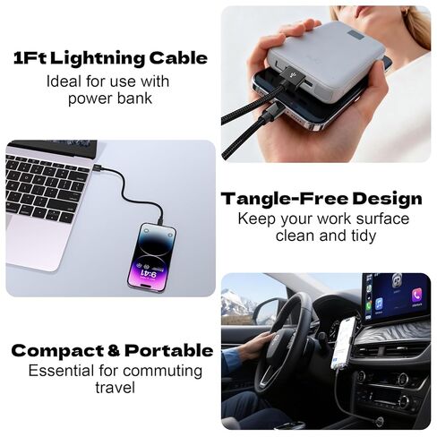 2-Pack Short iPhone Charger 1ft, MFi Certified Lightning Cable Nylon Braided & Fast Charging Cord for iPhone 14 13 12 11 XS XR X SE 8 Pro Max Plus Mini, iPad Pro/Air, AirPods (Black) in Saudi Arabia