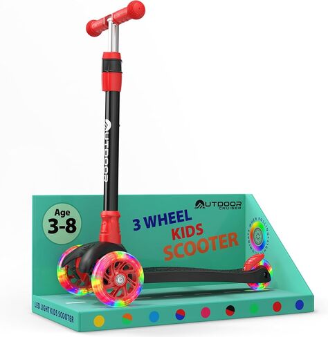 Outdoor Cruiser 3-Wheel Kids Scooter – with Lean-to-Steer Technology, Led Lighted Wheel, 4-Level Adjustable Height T-bar Handle, Support Kids Up to 150 Lbs, for Boys & Girls Ages 3-8, Blue and Red in Saudi Arabia