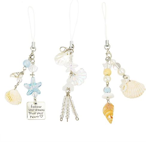 3 pcs Y2K Ocean Cute Phone Charm Keychain Accessories Aesthetic,Bead Pearl Conch Shell Jellyfish Starfish Car Ring Purse Bag Decor for Women in Saudi Arabia