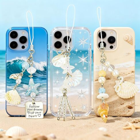 3 pcs Y2K Ocean Cute Phone Charm Keychain Accessories Aesthetic,Bead Pearl Conch Shell Jellyfish Starfish Car Ring Purse Bag Decor for Women in Saudi Arabia