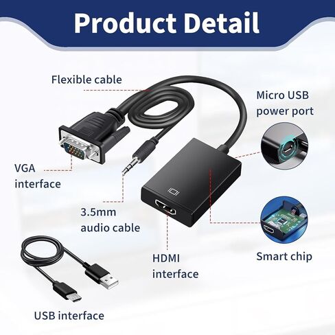 Versatile 5FT Gold-Plated VGA to HDMI Cable 1080P Full HD - Black in Saudi Arabia