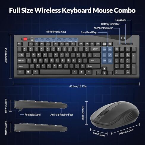 Rii RK903 Wireless Keyboard Mouse Combo,Silent Full Size Keyboard with Scroll Wheel,1000 DPI Mouse,2.4G Wireless,Compatible with Windows Chrome OS Linux,for Home,Office,Business Users in Saudi Arabia