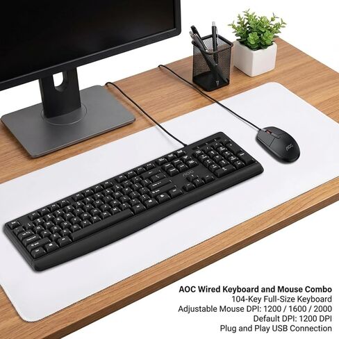 AOC Wired Keyboard and Mouse Combo, Ergonomic Corded Computer Keyboard & Mouse Combos for PC Laptop Office, Black Full-Size USB Keyboard and Mouse Set for Work with Adjustable 2000 DPI KM170 in Saudi Arabia