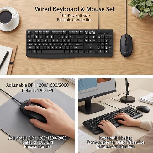 AOC Wired Keyboard and Mouse Combo, Ergonomic Corded Computer Keyboard & Mouse Combos for PC Laptop Office, Black Full-Size USB Keyboard and Mouse Set for Work with Adjustable 2000 DPI KM170 in Saudi Arabia