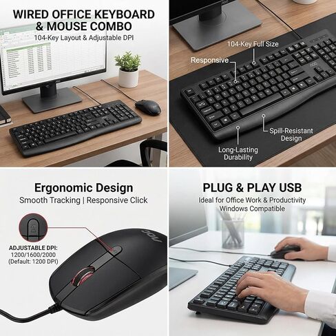 AOC Wired Keyboard and Mouse Combo, Ergonomic Corded Computer Keyboard & Mouse Combos for PC Laptop Office, Black Full-Size USB Keyboard and Mouse Set for Work with Adjustable 2000 DPI KM170 in Saudi Arabia