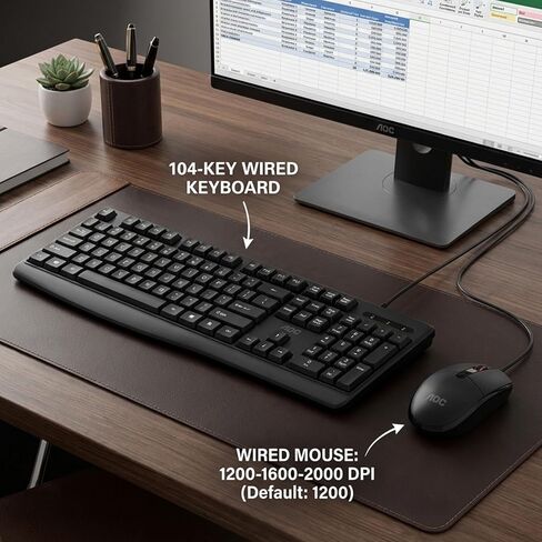 AOC Wired Keyboard and Mouse Combo, Ergonomic Corded Computer Keyboard & Mouse Combos for PC Laptop Office, Black Full-Size USB Keyboard and Mouse Set for Work with Adjustable 2000 DPI KM170 in Saudi Arabia