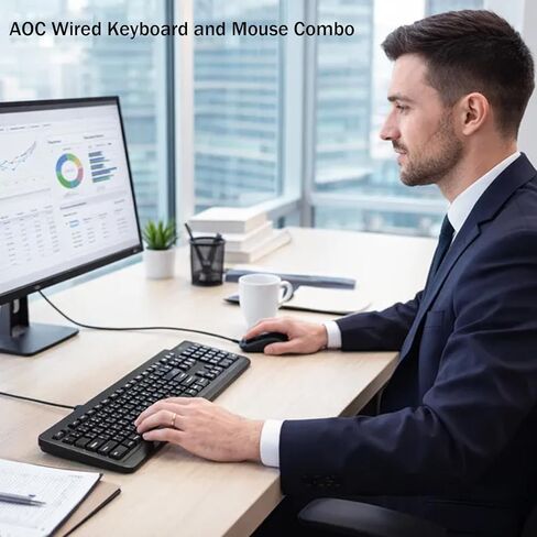 AOC Wired Keyboard and Mouse Combo, Ergonomic Corded Computer Keyboard & Mouse Combos for PC Laptop Office, Black Full-Size USB Keyboard and Mouse Set for Work with Adjustable 2000 DPI KM170 in Saudi Arabia