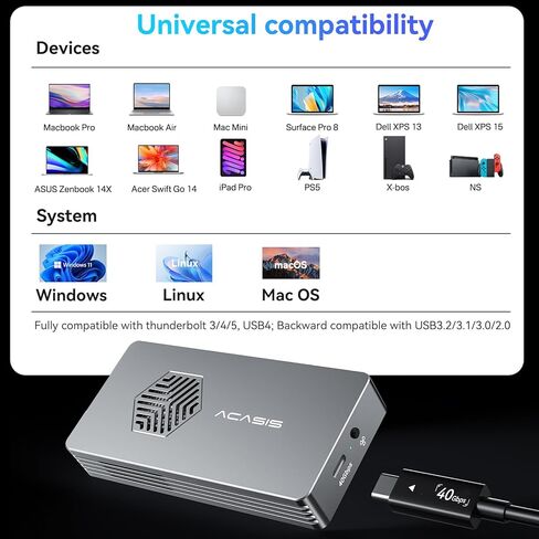 ACASIS 40Gbps M.2 NVMe SSD Enclosure with Cooling Fan,Tool Free Installation,NVMe Enclosure for M1/M2 Pro/Max, Compatible with USB4/3.2/3.1/3.0/2,Support 2280/2260/2242/2230 B+M M-Key(TBU401-used) in Saudi Arabia