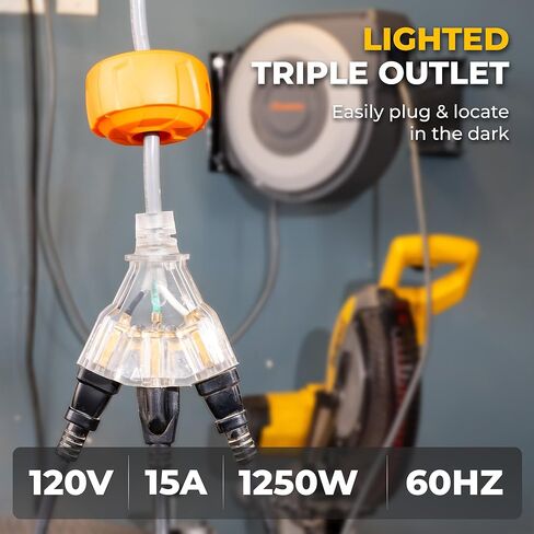 بكرة سلك تمديد قابلة للسحب، سلك طاقة 14AWG/3C SJTOW شديد التحمل بطول 70 قدمًا، منافذ ثلاثية مضاءة، سدادة قابلة للتعديل، حامل على السقف والجدار، مدرج في قائمة ETL in Kuwait