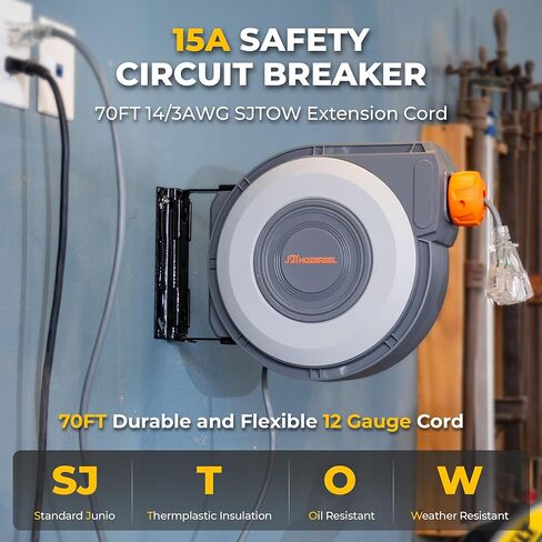 بكرة سلك تمديد قابلة للسحب، سلك طاقة 14AWG/3C SJTOW شديد التحمل بطول 70 قدمًا، منافذ ثلاثية مضاءة، سدادة قابلة للتعديل، حامل على السقف والجدار، مدرج في قائمة ETL in Kuwait