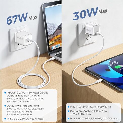 كتلة شاحن USB C، شاحن حائط GaN PD 3.0 67W 30W للشحن السريع، PD/PPS مدمج لأجهزة الكمبيوتر المحمولة MacBook Air/Pro، Dell XPS 13، HP، iPad Pro/iPhone 17/16/15 Pro Max، Galaxy S25/S24، يدعم 65W 60W 45W [عبوتان] in Kuwait
