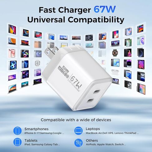 كتلة شاحن USB C، شاحن حائط GaN PD 3.0 67W 30W للشحن السريع، PD/PPS مدمج لأجهزة الكمبيوتر المحمولة MacBook Air/Pro، Dell XPS 13، HP، iPad Pro/iPhone 17/16/15 Pro Max، Galaxy S25/S24، يدعم 65W 60W 45W [عبوتان] in Kuwait