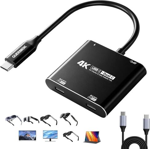 Guermok 4-in-1 Dual USB-C Display Hub, 4K@60Hz Video, PD 100W Fast Charging & USB 3.0 5Gbps, Compatible with AR Glasses, Switch 2, Laptops, Portable Monitors & Type-C Displays（Black） in Kuwait