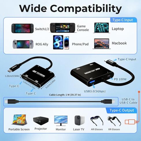 Guermok 4-in-1 Dual USB-C Display Hub, 4K@60Hz Video, PD 100W Fast Charging & USB 3.0 5Gbps, Compatible with AR Glasses, Switch 2, Laptops, Portable Monitors & Type-C Displays（Black） in Kuwait