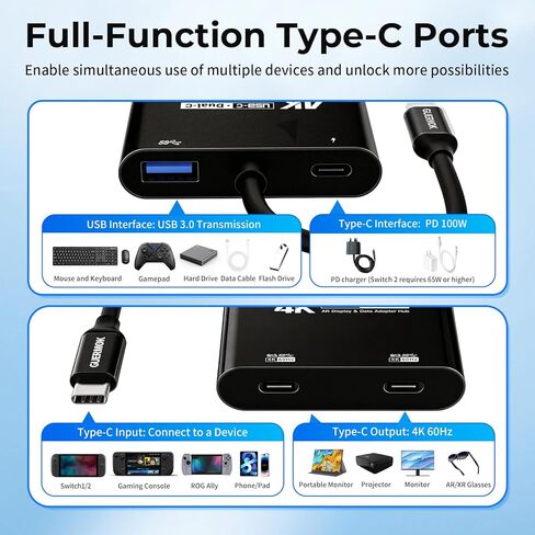 Guermok 4-in-1 Dual USB-C Display Hub, 4K@60Hz Video, PD 100W Fast Charging & USB 3.0 5Gbps, Compatible with AR Glasses, Switch 2, Laptops, Portable Monitors & Type-C Displays（Black） in Kuwait