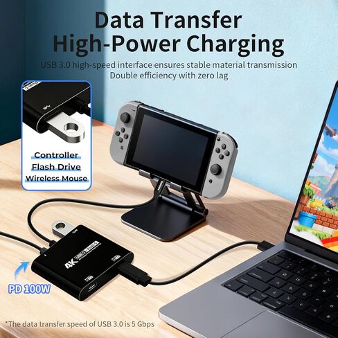 Guermok 4-in-1 Dual USB-C Display Hub, 4K@60Hz Video, PD 100W Fast Charging & USB 3.0 5Gbps, Compatible with AR Glasses, Switch 2, Laptops, Portable Monitors & Type-C Displays（Black） in Kuwait