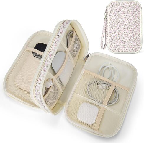 Quilted Electronics Organizer Travel Case, Floral Cord Organizer, Lightweight Cable Pouch for Chargers, Cords and Phone Accessories, Compact Travel Essentials Bag(Blue Floral) in Saudi Arabia