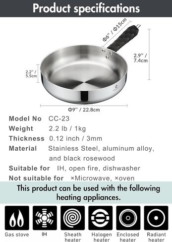 CAMPINGMOON 3-Layer Camping Frying Pan 9 Inch Stainless Steel Detachable Handle Induction Open Fire Compatible CC-23 in Saudi Arabia