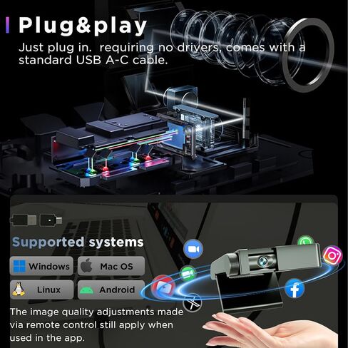 4K Webcam - 1/2.55" Sensor, Dual Autofocus, Digital Microphone, Metal Unibody Sculpted Mini Web Cam for Laptop/PC/Mac, Plug & Play, Privacy Cover, Remote, Streaming Camera for Live Meeting (Black) in Saudi Arabia