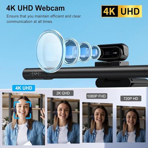 كاميرا ويب 4K للكمبيوتر الشخصي مع ميكروفون وإضاءة، وكاميرا ويب 4 في 1 مع مكبر صوت، وميكروفونات مزدوجة لإلغاء الضوضاء، وكاميرا كمبيوتر ذات مصراع للخصوصية، وتصحيح تلقائي للضوء، وتوصيل USB وتشغيل للتكبير/التصغير والفرق والتويتش in Kuwait