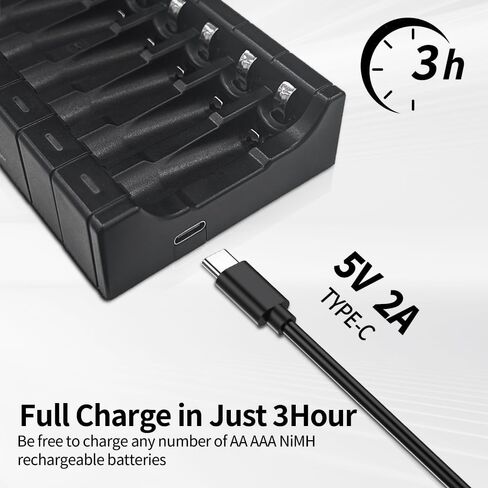 شاحن بطارية AA AAA، مناسب لبطاريات Ni MH 1.2 فولت، 5 فولت 2 أمبير من النوع C سريع 8 فتحات LED كمؤشر للشحن، شاحن بطارية AAA قابل لإعادة الشحن in Kuwait