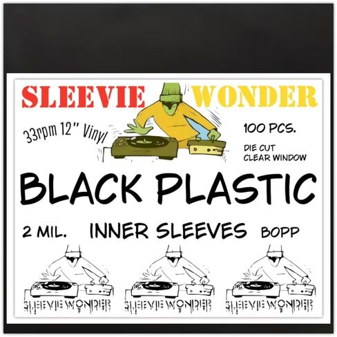 Sleevie Wonder 100 LP Inner Sleeves - Black Plastic - 2mil Bopp Polypropylene with Clear Window Label Protection - Best for Dj 12"" 33rpm Vinyl Record Albums (+1 Free Dj Sticker) in Saudi Arabia