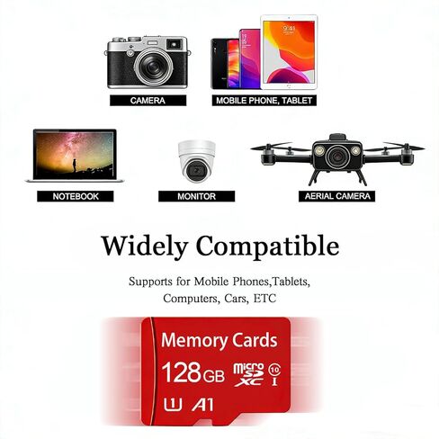 بطاقة ذاكرة فلاش MicroSDHC سعة 128 جيجابايت فئة 10 مع محول لتخزين الأجهزة المحمولة والهاتف والكمبيوتر اللوحي والطائرة بدون طيار وتسجيل فيديو عالي الدقة بالكامل in Saudi Arabia