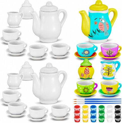 PullCrease 45 Pcs Spring Paint Your Own Tea Kit Kids Adult Craft DIY Tea Kit Mini Ceramic Tea Cups to Paint Including Porcelain Dishes Paint Brush for Party Girls Boys Set in Saudi Arabia