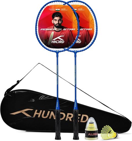 Hundred Powertek Star Badminton Racket Set of 2, Pre-Strung Racquets with Full Cover and 2 Nylon Shuttlecocks, Lightweight and Durable Badminton Set for Beginners and Recreational Play in Saudi Arabia