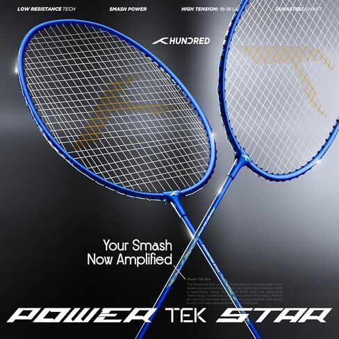 Hundred Powertek Star Badminton Racket Set of 2, Pre-Strung Racquets with Full Cover and 2 Nylon Shuttlecocks, Lightweight and Durable Badminton Set for Beginners and Recreational Play in Saudi Arabia