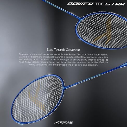 Hundred Powertek Star Badminton Racket Set of 2, Pre-Strung Racquets with Full Cover and 2 Nylon Shuttlecocks, Lightweight and Durable Badminton Set for Beginners and Recreational Play in Saudi Arabia