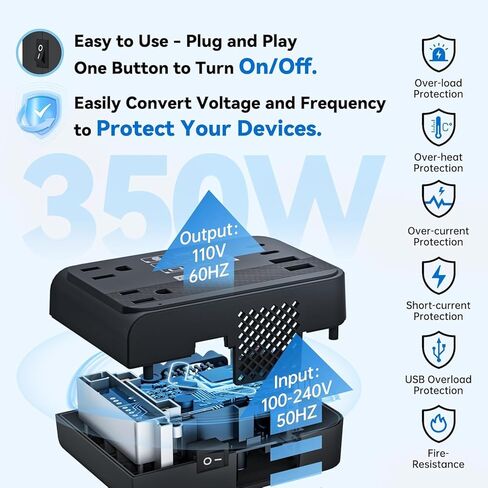 DOACE 350W Travel Voltage Converter US to Europe 220V to 110V Converter for Curling Iron Straightener Converter for European Travel 4 USB Charging Universal Power Plug Adapter UK/AU/US/EU, Black in Saudi Arabia