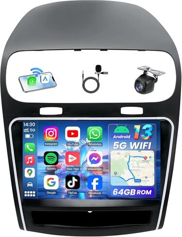 راديو السيارة لـ Dodge Journey 2011-2019: [4Core 64G ROM] 9 بوصة 1280 * 800 HD شاشة لمس ستيريو مع Carplay اللاسلكي Android Auto 5G WiFi GPS Navigation Bluetooth FM RDS DSP EQ SWC 1080P كاميرا احتياطية in Kuwait