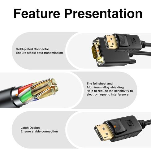 Danfetsoy Displayport to VGA Cable 6FT, Displayport to VGA Adapter Male to Male Cord Gold-Plated HD Video 1080P DP Converter for PC Monitor to Projector HDTV (Not Bidirectional) in Saudi Arabia