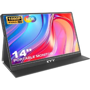 شاشة KYY المحمولة للكمبيوتر المحمول، شاشة سفر 14 بوصة FHD 1080P، شاشة ألعاب كمبيوتر USB-C وHDMI مع حامل VESA وغطاء ذكي، مكبرات صوت مزدوجة، لجهاز Mac PC Phone Xbox PS5 Switch in Kuwait