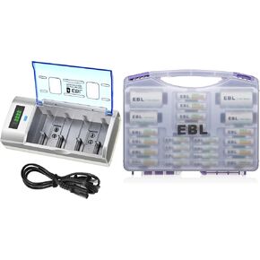 EBL Universal Smart Battery Charger with Purple Super Power Battery Box Include : 12 AA Batteries + 8 AAA Batteries +2pcs C/D Adapters in Saudi Arabia