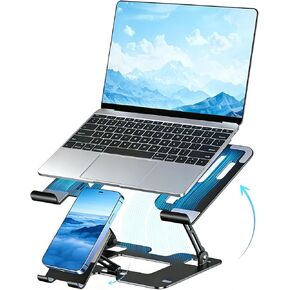 حامل تبريد مريح للكمبيوتر المحمول 2 في 1 مع حامل هاتف للمكتب، حامل كمبيوتر محمول قوي وقابل لضبط الارتفاع يناسب معظم أجهزة الكمبيوتر المحمولة والهواتف in Kuwait