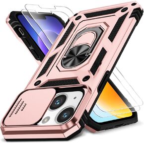 Case for iPhone 13/iPhone 14 6.1-Inch Slide Camera Cover+Screen Protector(2 Packs), Military Grade Shockproof Protective Cover, Rotated Ring Kickstand with Camera Protection (Black) in Saudi Arabia