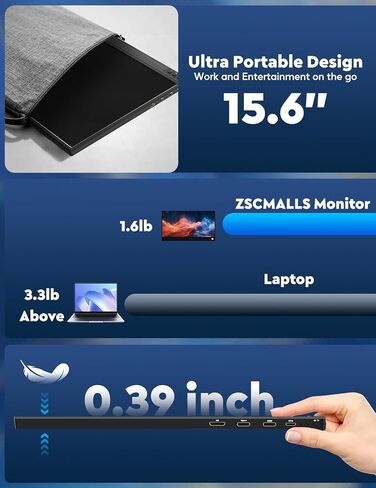 شاشة ZSCMALLS المحمولة، شاشة كمبيوتر محمول 15.6 بوصة 1080 بكسل FHD USB-C HDMI شاشة كمبيوتر IPS شاشة ثانية، شاشة كمبيوتر محمول ممتدة لجهاز الكمبيوتر المحمول، Mac Xbox PS4/5 Switch in Kuwait