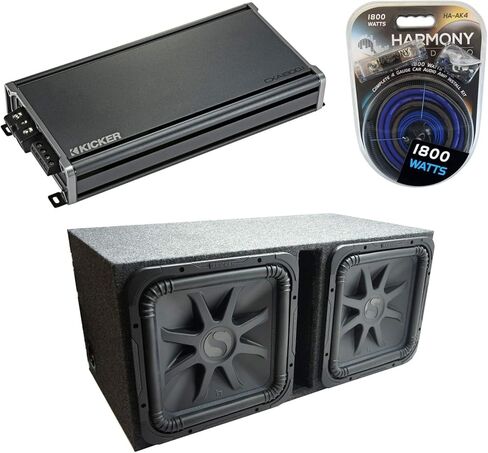 American Sound Connection Kicker 44L7S154 Square L7 Solo-Baric 15 "Sub 2000W Peak Dual 4-Ohm، 46CXA18001 Class D Mono 3600W Peak Sub Amp و215SQV صوت سيارة مزدوج 15" صندوق فرعي مربع بفتحات تهوية in Saudi Arabia