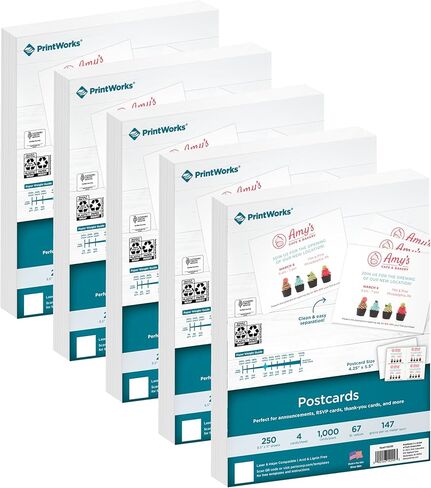 PrintWorks Heavyweight Printable Postcards for Mailings, Flashcards, and More, 67lb/147gsm, 4 Cards Per Sheet, 250 Sheets, 1000 Cards Total, White (04299) (4.25 x 5.5 Inches Postcard Size) in Kuwait