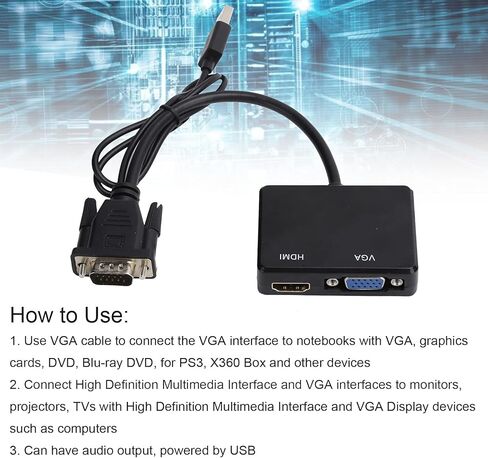محول VGA إلى HDMI VGA من سانبيل، مقسم 1 في مخرج HDMI 2، يدعم ستيريو تناظري 2.1 (أسود) in Saudi Arabia