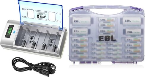 EBL Universal Smart Battery Charger with Purple Super Power Battery Box Include : 12 AA Batteries + 8 AAA Batteries +2pcs C/D Adapters in Saudi Arabia
