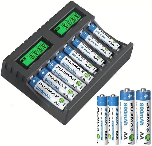 AA AAA Battery Charger, 8-Bay Independent Slot Fast Charger, AC Plug & USB High Speed Charging with LED Indicator, Compatible with NiMH NiCD Rechargeable Batteries, No Adapter Required- Black in Saudi Arabia