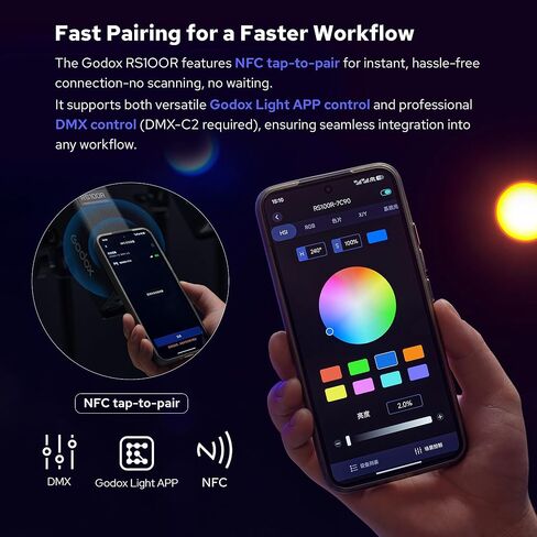 مصباح فيديو Godox RS100R LED، 100Wh RGB كامل اللون Monolight، 1800-10000K إضاءة مستمرة خارجية مع وضع CCT/HSI/14FX، CRI≈92،TLCI≈90، يدعم التحكم NFC/DMX/APP (RS100R) in Kuwait