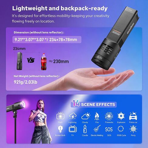 مصباح فيديو Godox RS100R LED، 100Wh RGB كامل اللون Monolight، 1800-10000K إضاءة مستمرة خارجية مع وضع CCT/HSI/14FX، CRI≈92،TLCI≈90، يدعم التحكم NFC/DMX/APP (RS100R) in Kuwait