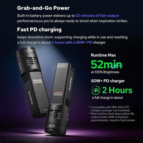 مصباح فيديو Godox RS100R LED، 100Wh RGB كامل اللون Monolight، 1800-10000K إضاءة مستمرة خارجية مع وضع CCT/HSI/14FX، CRI≈92،TLCI≈90، يدعم التحكم NFC/DMX/APP (RS100R) in Kuwait